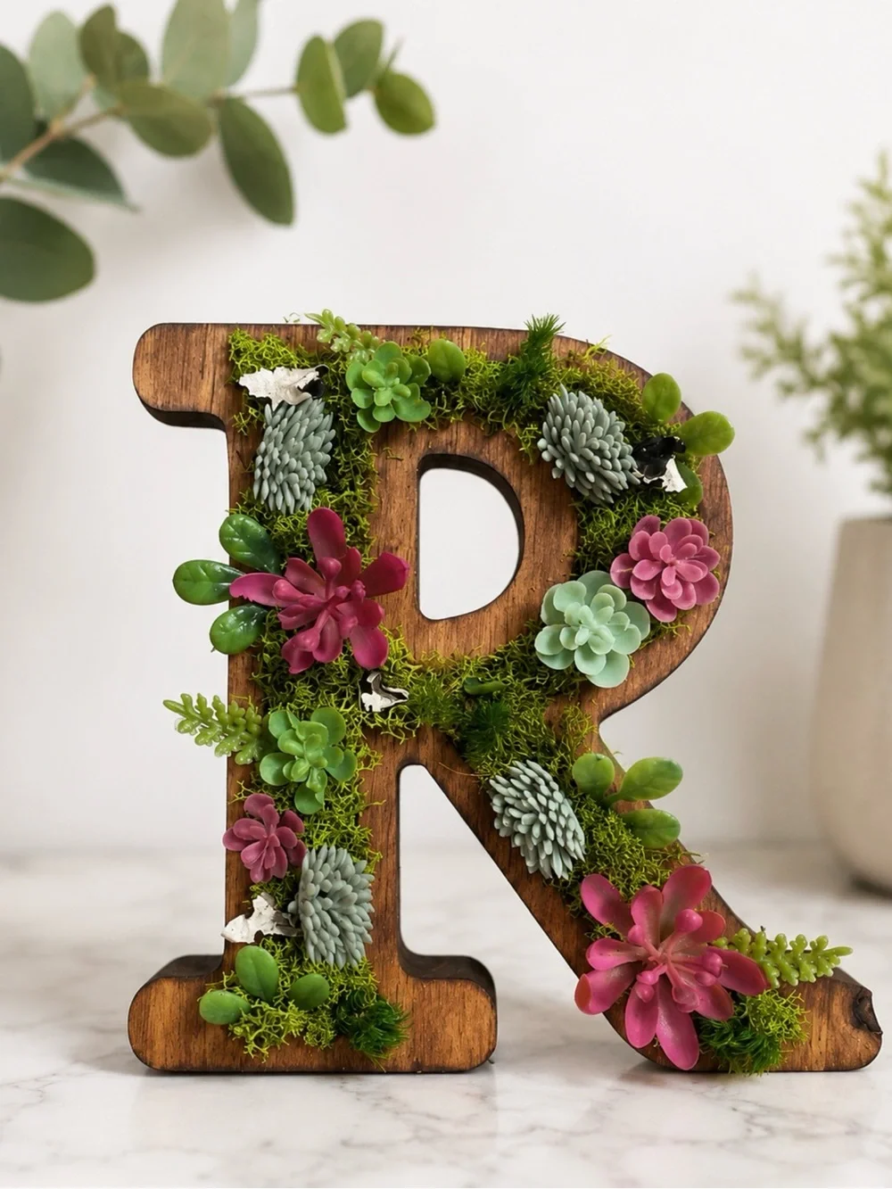 Wooden Floral Letter R Accent with Green and Pink Succulents